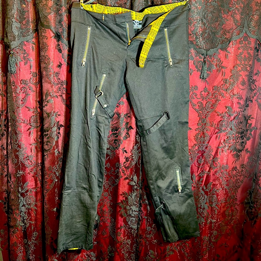 Early 2000’s, black and yellow Lip Service utility bondage pant. L